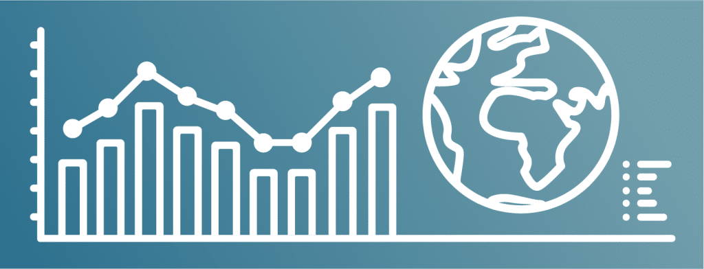 A white line and bar graph next to an outline of a globe on a gradient blue background. The graph, representing data from the International Aluminium Institute, has varying points and bars indicating data fluctuations. The globe signifies global aluminium trends. Three small horizontal lines are also beside the globe.