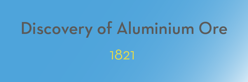 The image captures a pivotal moment in history, with text on a blue gradient background. In large grey letters, it reads "Discovery of Aluminium Ore" and "1821" in smaller yellow letters below it.