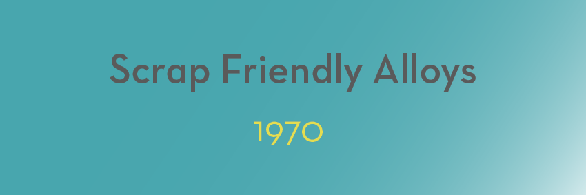 Scrap Friendly Alloys" text in dark gray on a gradient teal background, with "1970" in yellow below the main text, capturing moments in aluminium innovation.