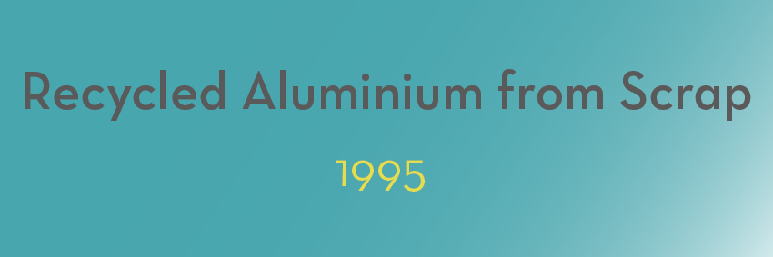 Green background with dark text stating "Recycled Aluminium from Scrap" and the year "1995" in yellow text below it, capturing moments of sustainable innovation.