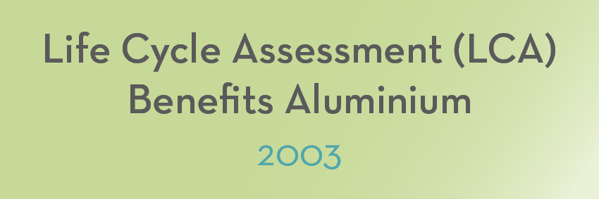 Text on a gradient background reads: "Life Cycle Assessment (LCA) Benefits Moments Aluminium 2003" in black and blue font.