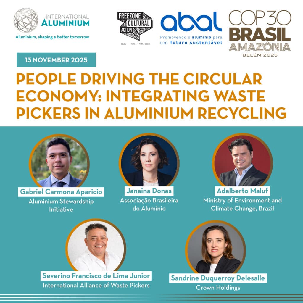 Event poster for a COP30 Brazil 2025 panel on integrating waste pickers in aluminium recycling, featuring five speakers with their names, photos, and affiliations. Discover how waste pickers are vital to sustainable aluminium recycling.