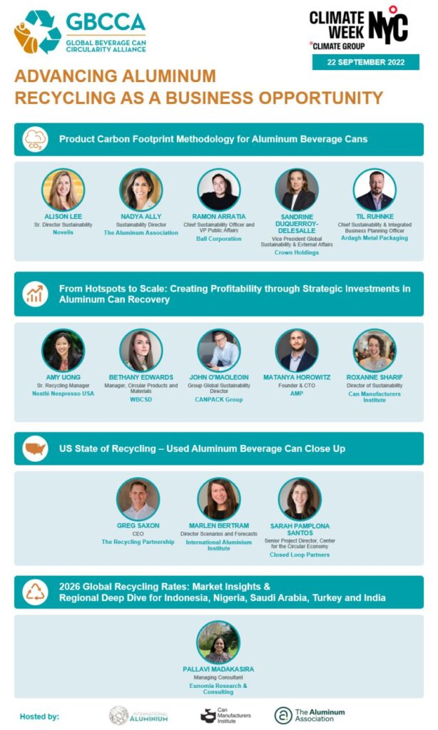 Event poster for “Advancing Aluminum Recycling as a Business Opportunity,” showcasing speakers, topics, and schedule for Climate Week NYC on September 22, 2022. Organized by GBCCA in collaboration with the International Aluminium Institute, this event highlights the potential of recycling to drive sustainability in the aluminum industry.
