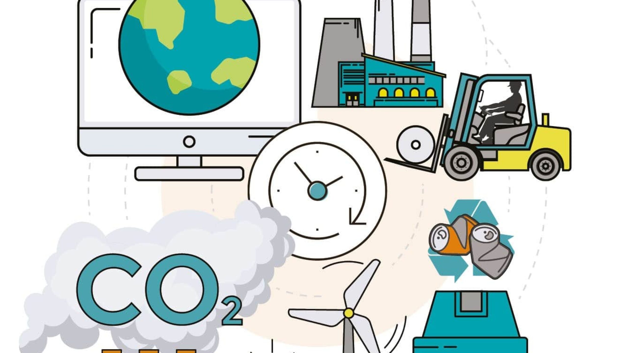 Illustration depicting environmental themes: globe, factory, forklift, recycling bin, wind turbine, solar panel, CO2 cloud, and clock symbolizing sustainability and climate impact. This visual also aligns with the International Aluminium Institute's commitment to sustainable practices.