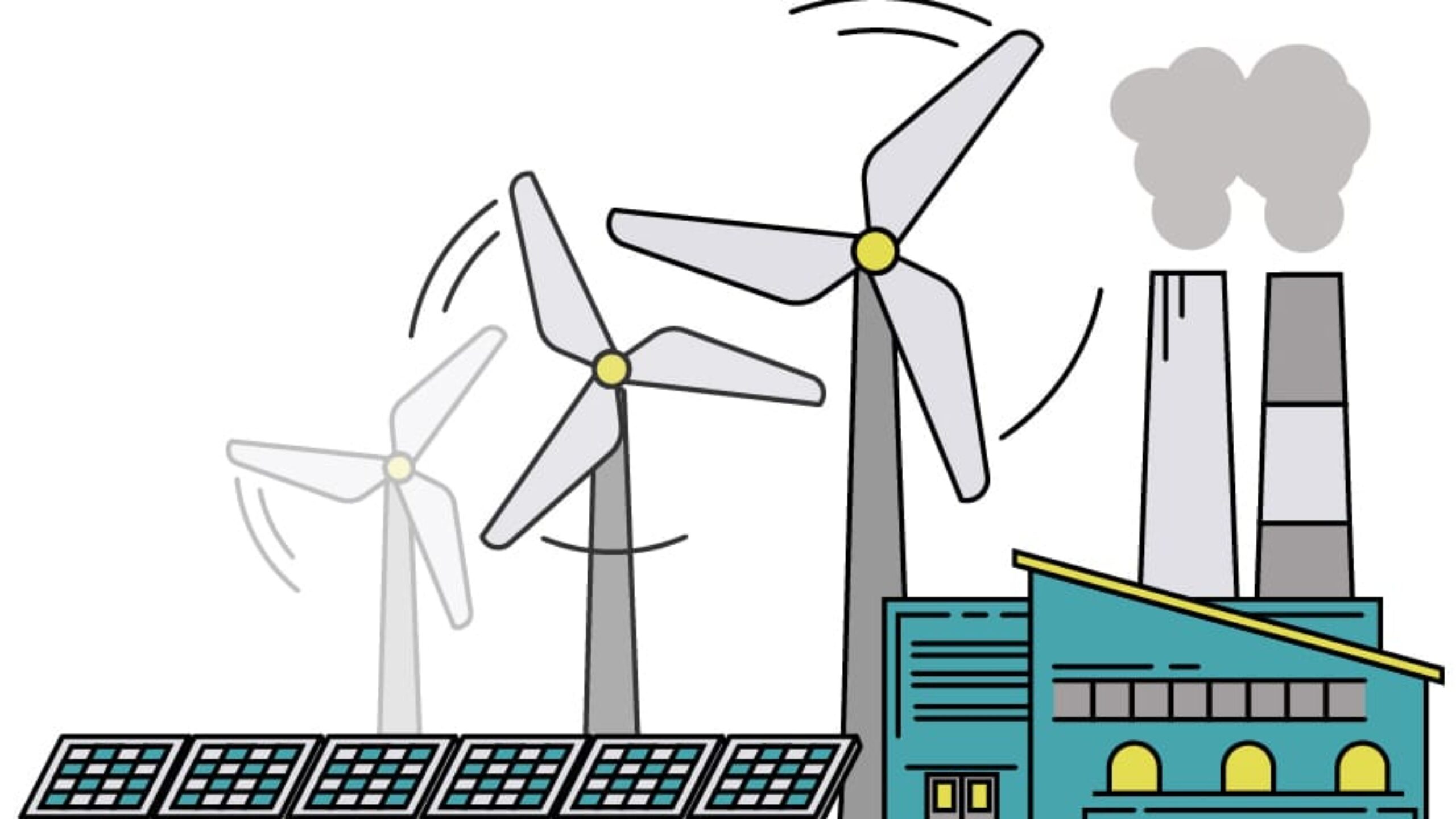 Illustration of a power generation scene with solar panels and wind turbines in the foreground, alongside a factory emitting smoke in the background. The image depicts a mix of renewable and non-renewable energy sources, highlighting efforts promoted by the International Aluminium Institute.