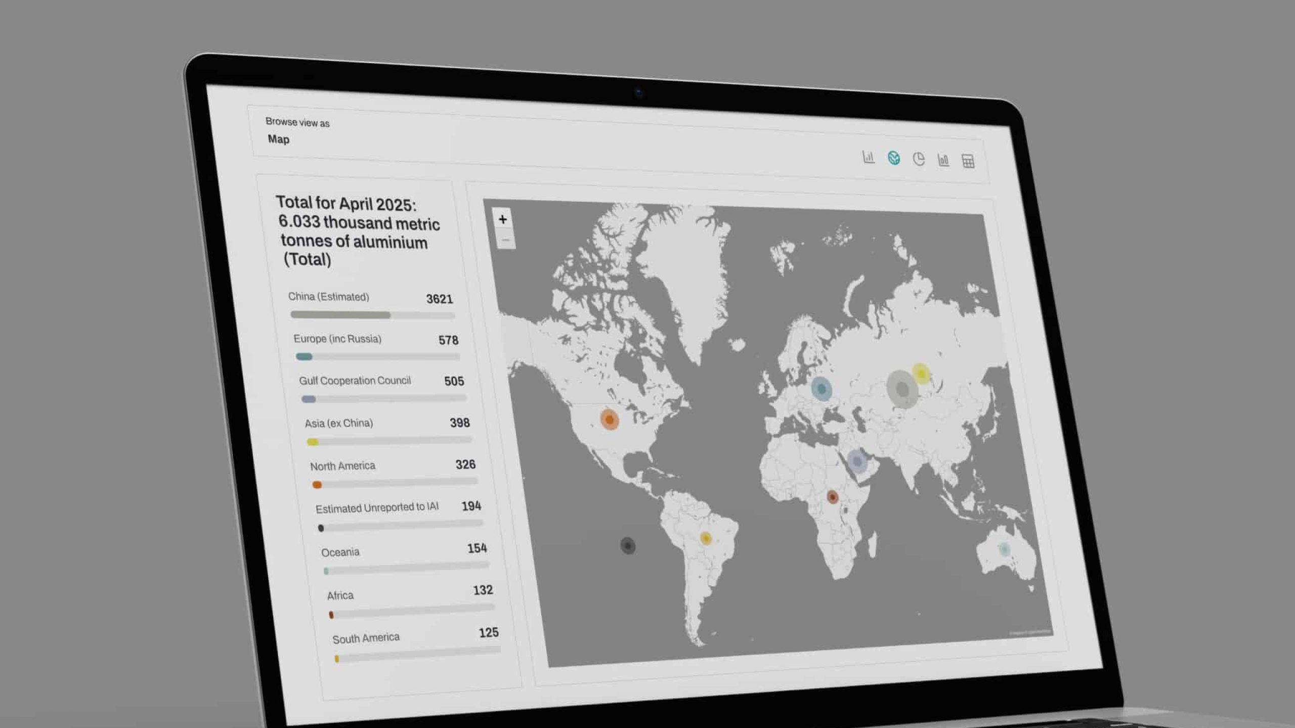 A laptop displays a world map and data table showing global aluminium production totals by region for April 2025, measured in thousand metric tonnes, using International Aluminium Institute statistics.