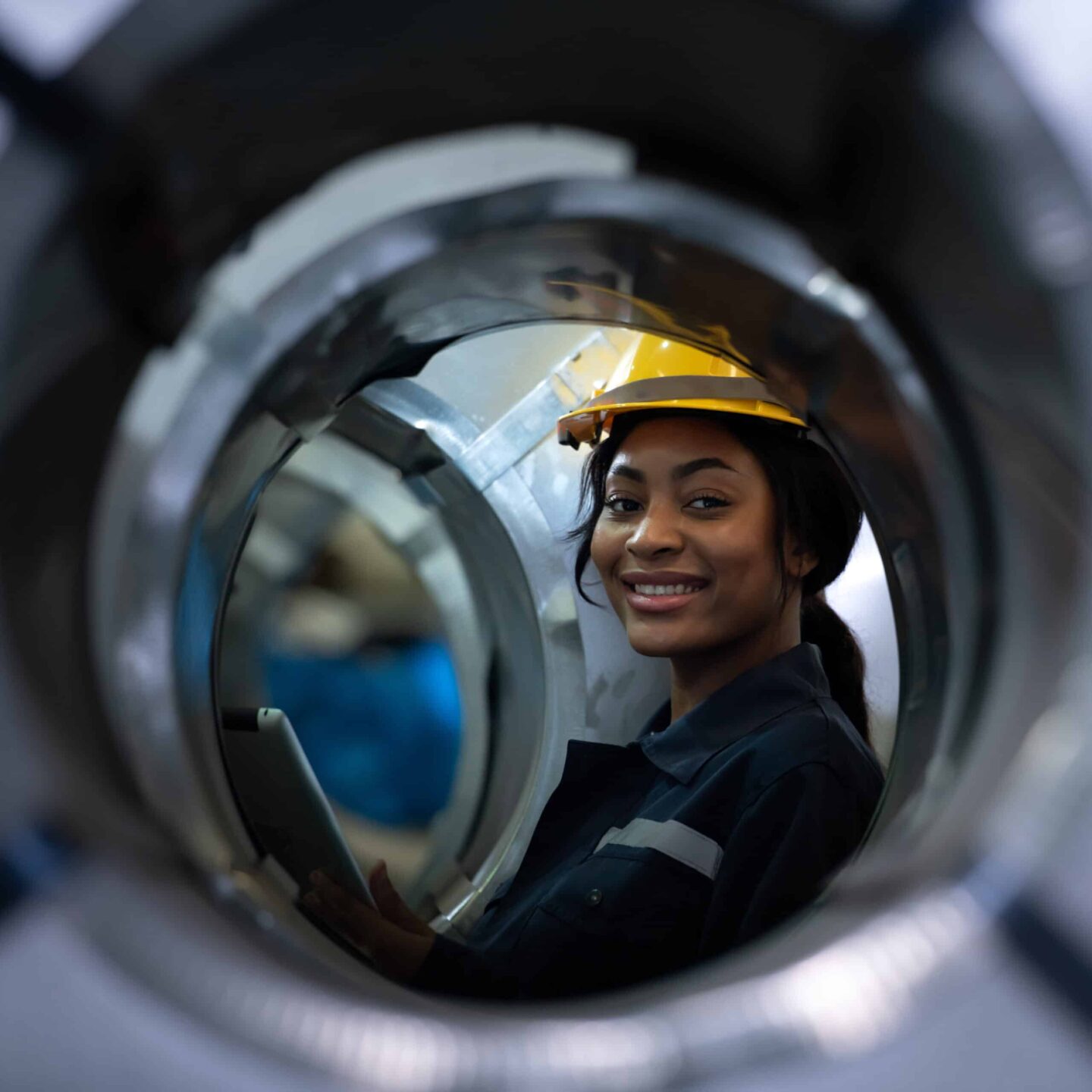 A woman wearing a yellow hard hat and dark work clothes smiles while standing inside industrial machinery. Representing the International Aluminium Institute, she holds a tablet and looks towards the camera. The perspective is from inside the machinery, framing her in the circular opening.